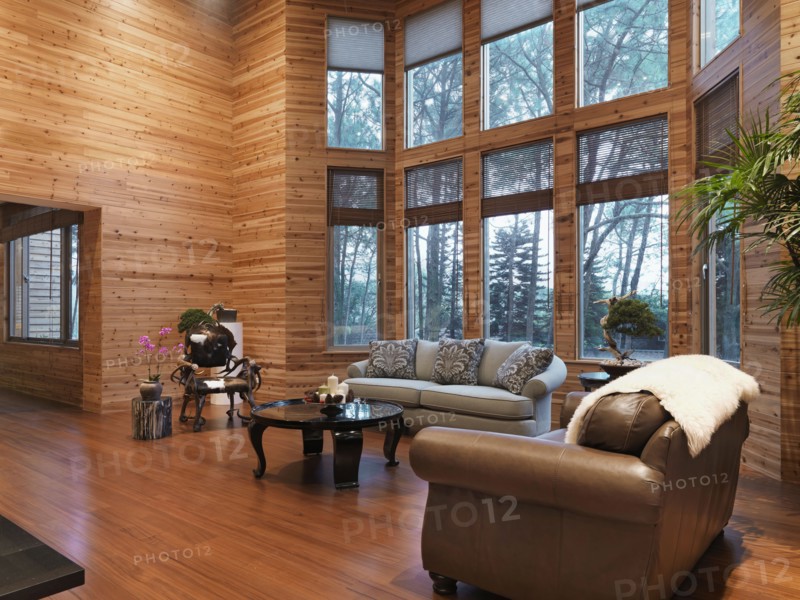 Hardwood living room in cabin style home