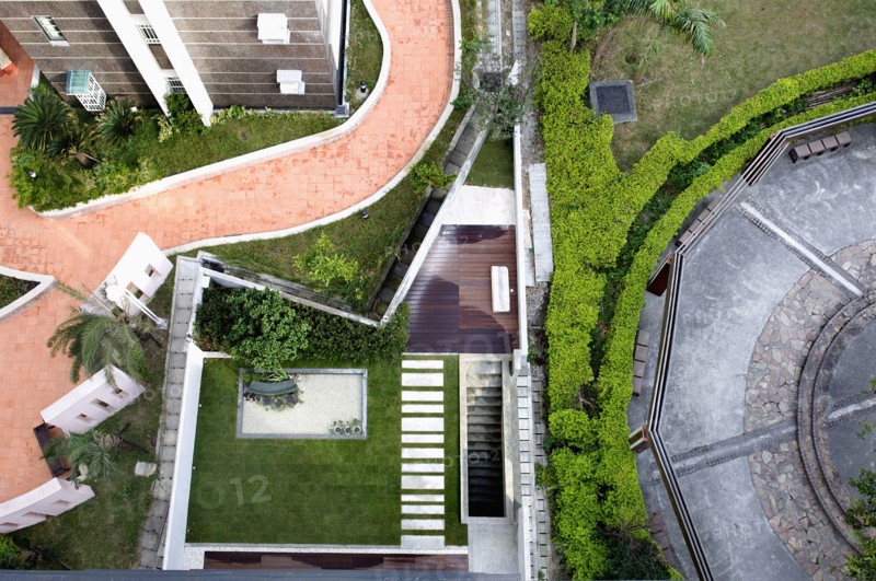 Aerial view landscaping and walkways