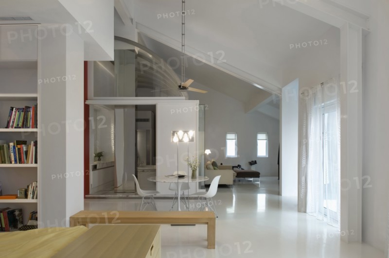 Dining area in center of modern interior