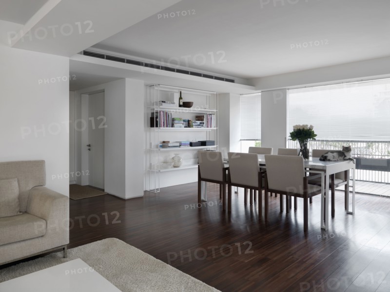 Dining room table in front of large windows