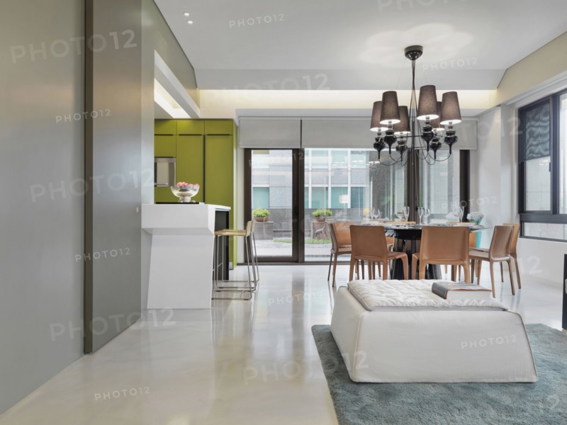 Kitchen breakfast bar and dining room in modern home