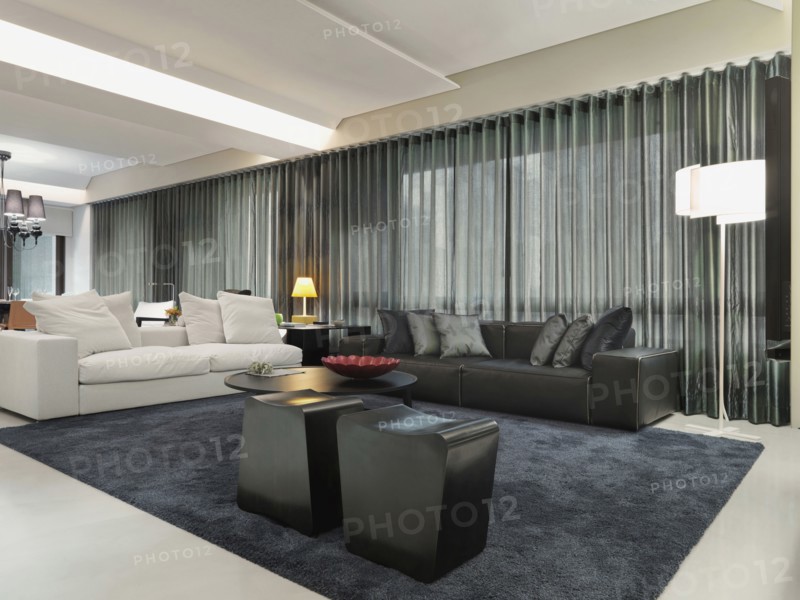 Living room with black sofa and a white sofa