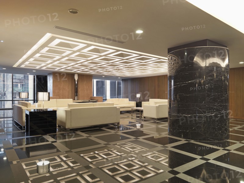 Sitting area in lobby of apartment building