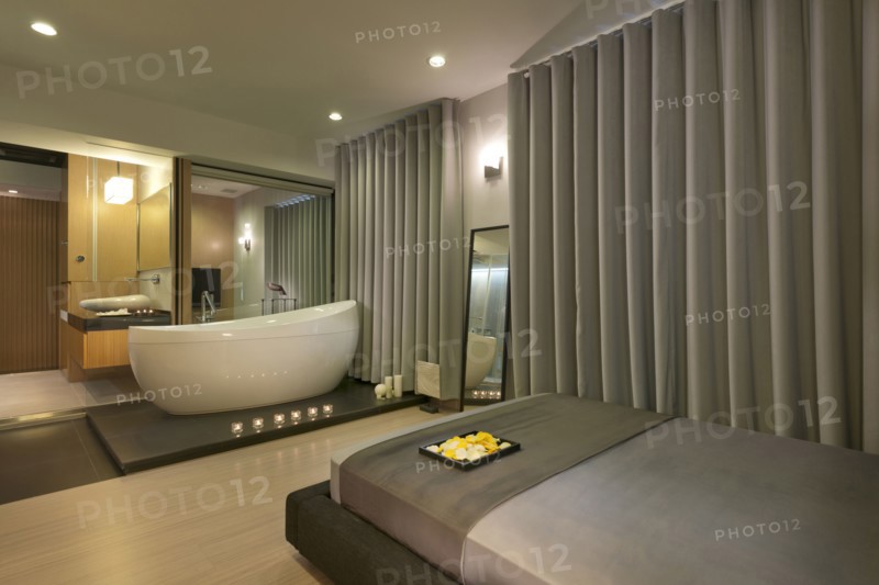 Master bedroom and bathroom in modern home