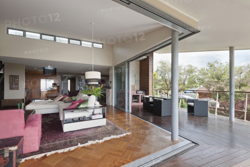 Living area and dining area in open plan house