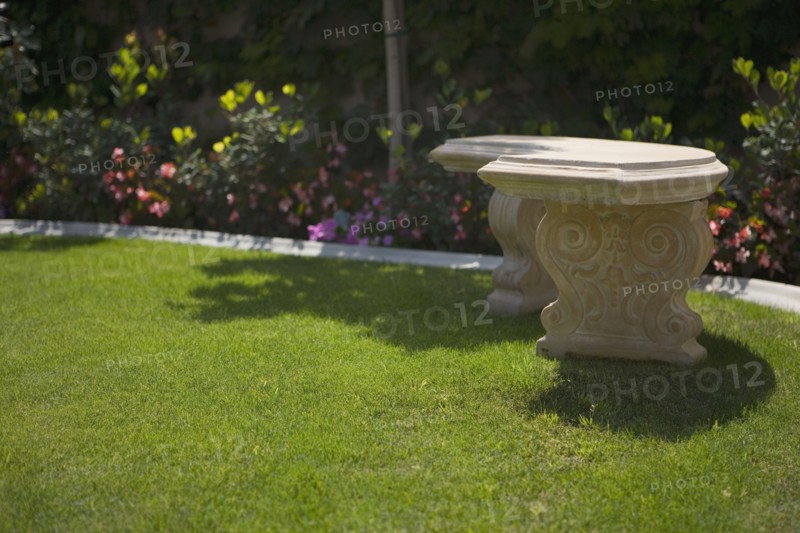 Stone Bench in Yard with Garden