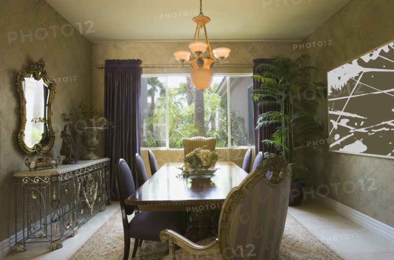 Elegant Dining Room with Purple Chairs