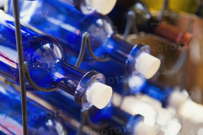 Blue Wine Bottles with White Corks