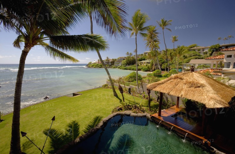 View from Above of Pool and hot tub with Cabana