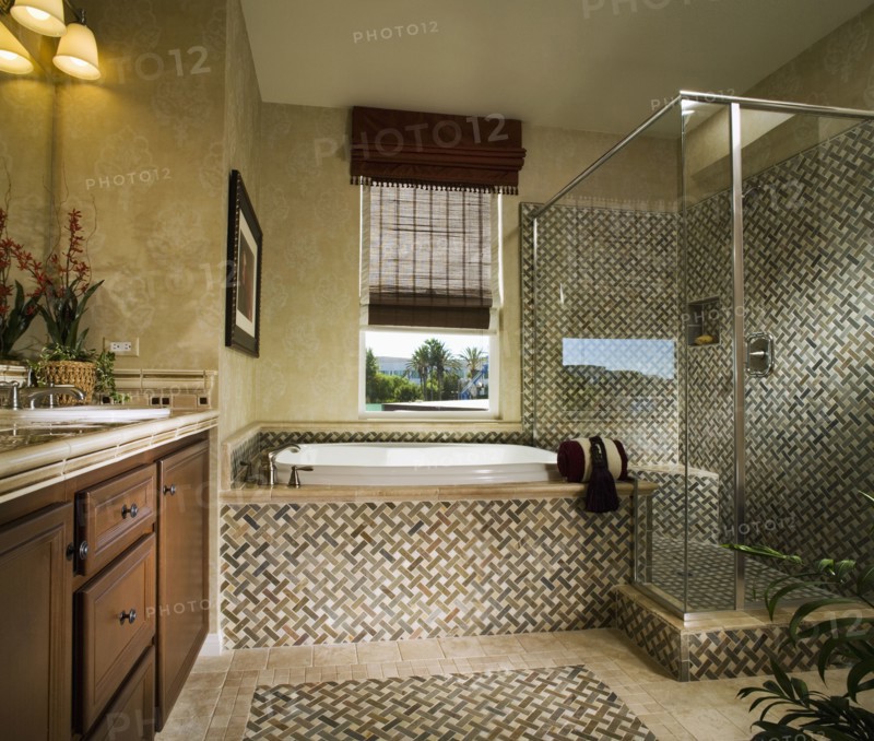 Large Master Bathroom with Ornate Tile work
