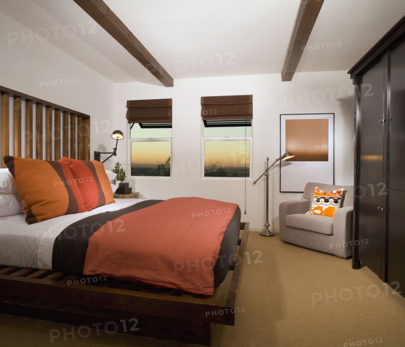 Cozy Bedroom with Terra Cotta Colored Comforter