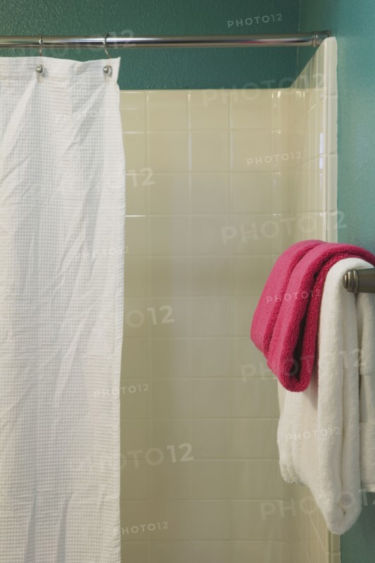 Contemporary Teal Bathroom with White Shower and Shower Curtain