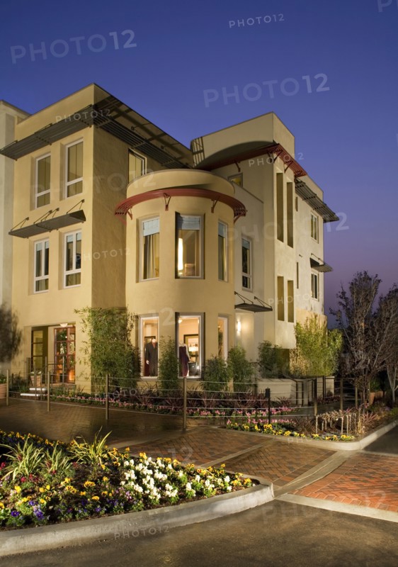 Exterior contemporary live work loft at dusk