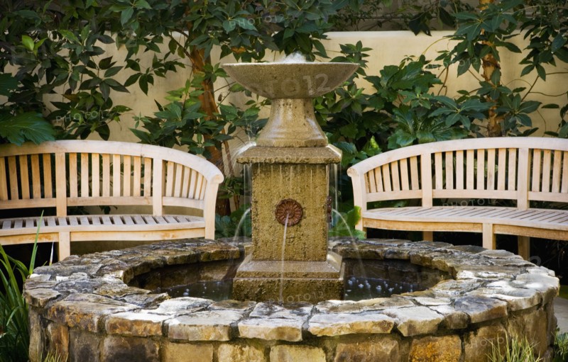 Benches and Fountain in Home Courtyard