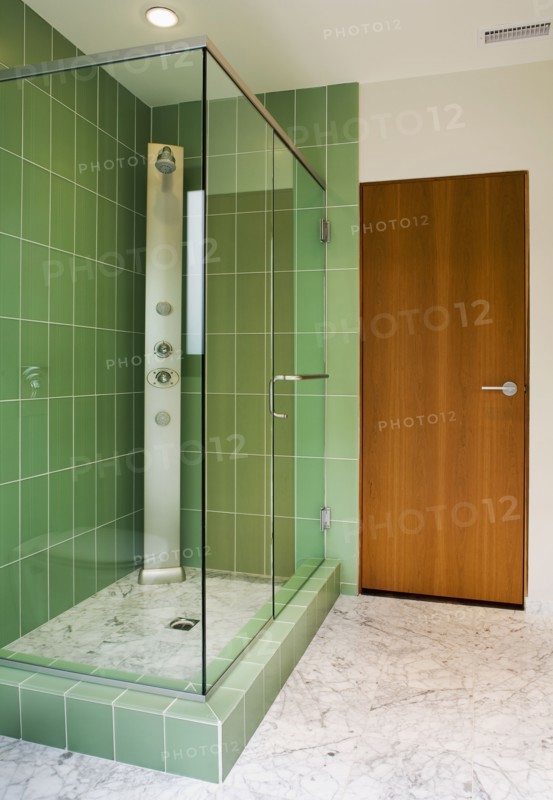Modern Bathroom with Green Shower Tiles