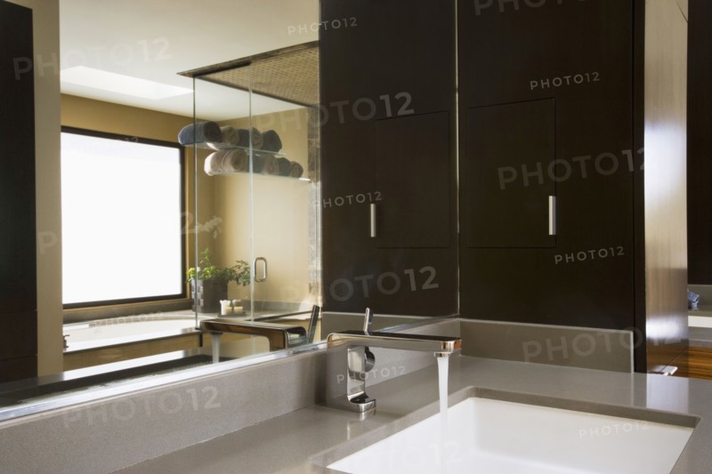 Modern Bathroom Vanity with Reflection of hot tub