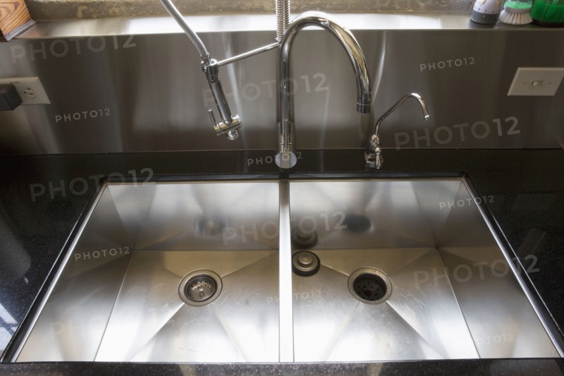 Stainless steel kitchen sink.