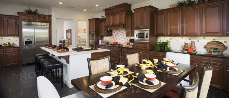Interior of a contemporary dining room and kitchen
