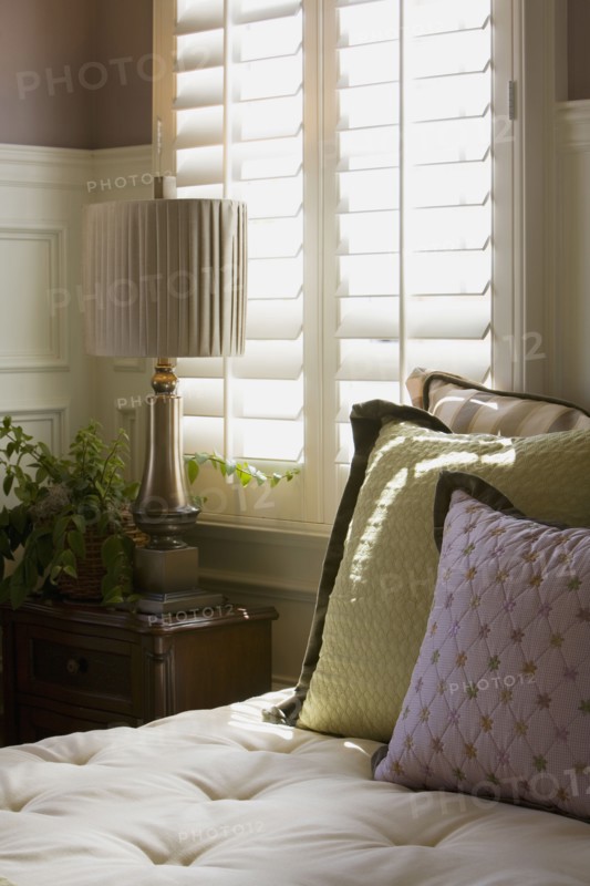 Purple and green decorative pillows on bed near window