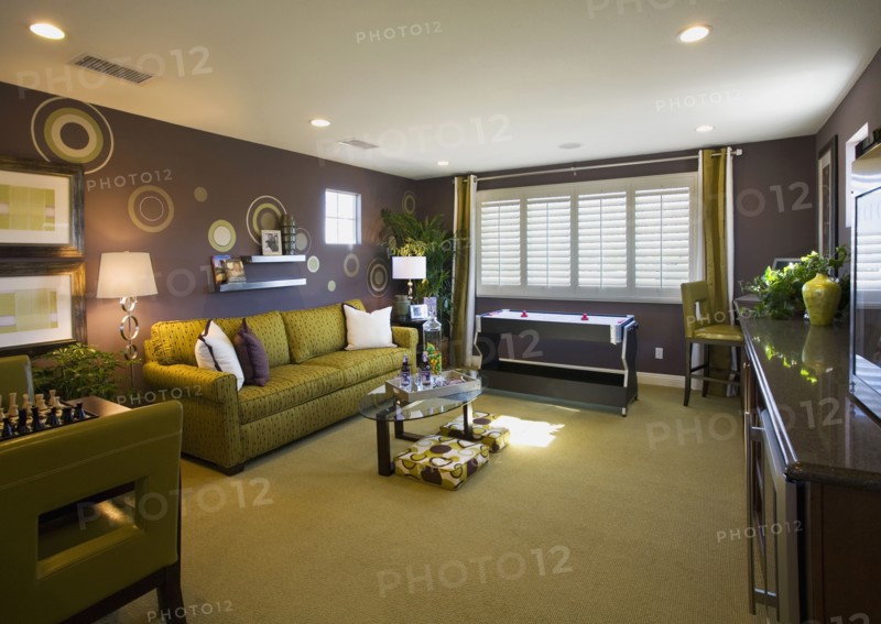 Contemporary purple and green game room