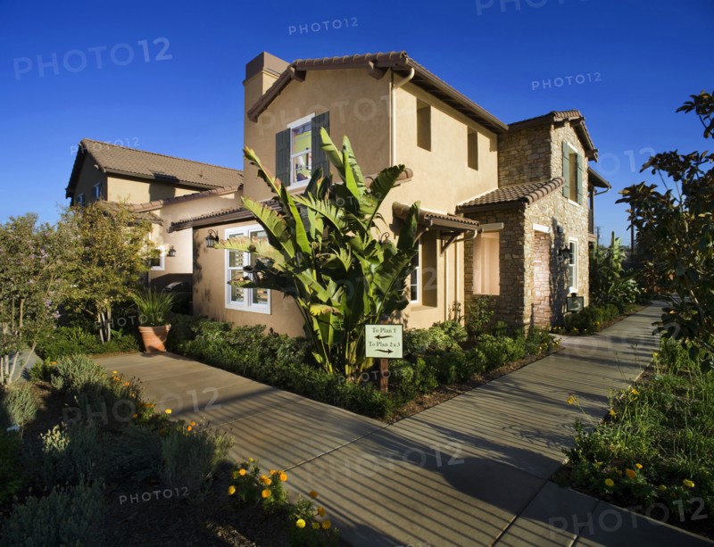 Sidewalk and landscaping along contemporary tuscan style home
