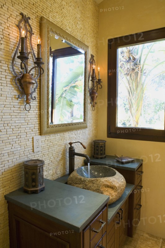 Interior of powder room with modern vanity