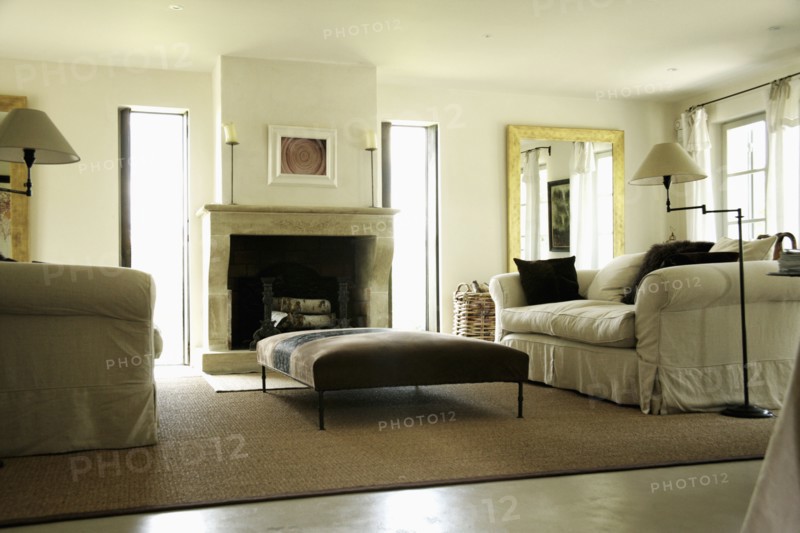 Low angle living room with comfy sofa