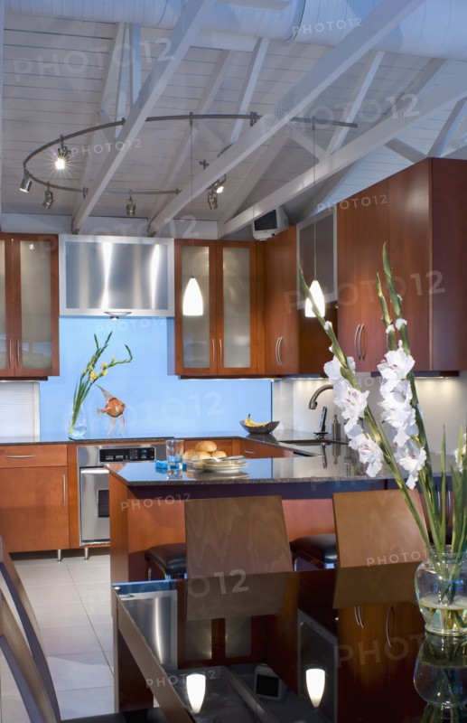 Modern kitchen with rafters