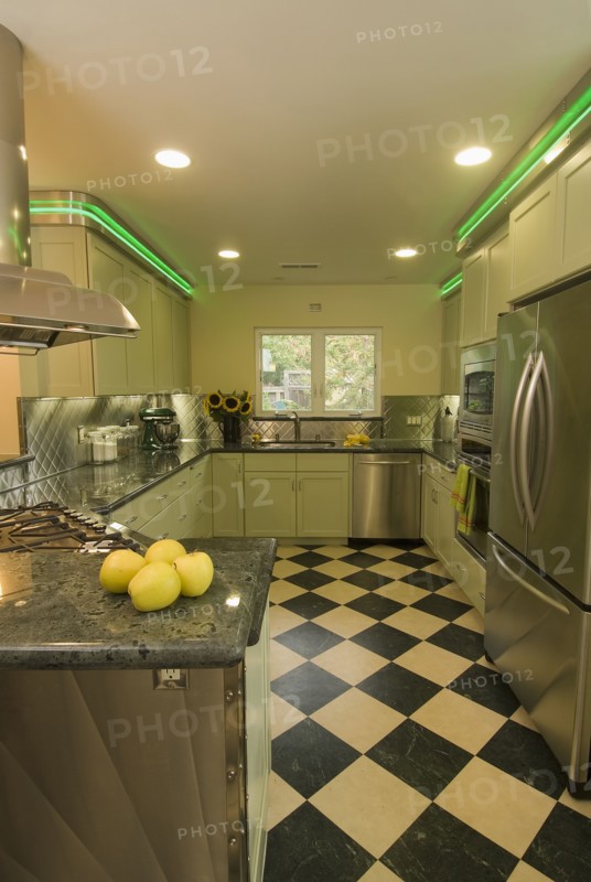 Diner style kitchen with green neon lights