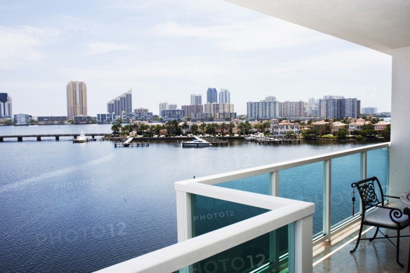 Modern balcony overlooking city skyline
