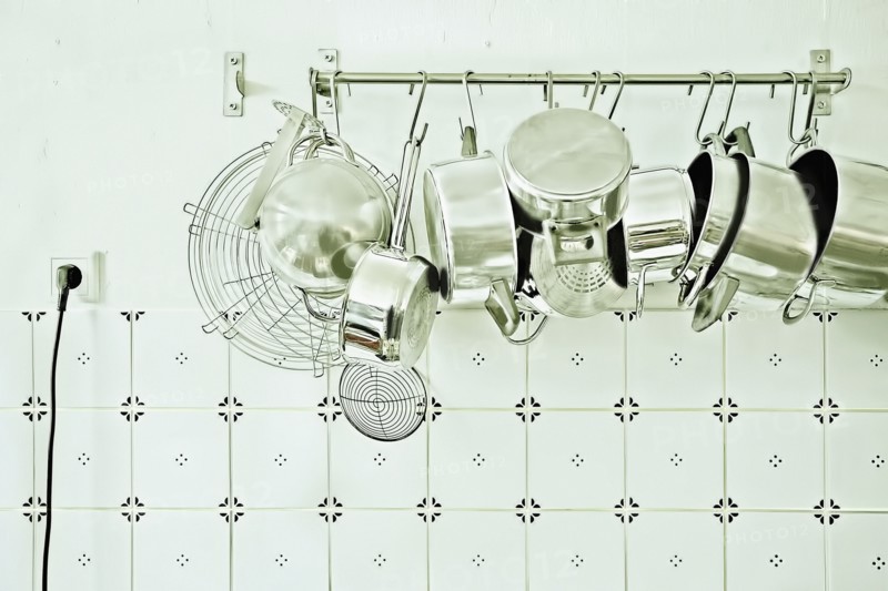 Pots and pans hanging in kitchen
