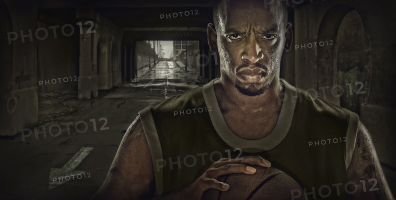 Illustration of African American basketball player standing in tunnel