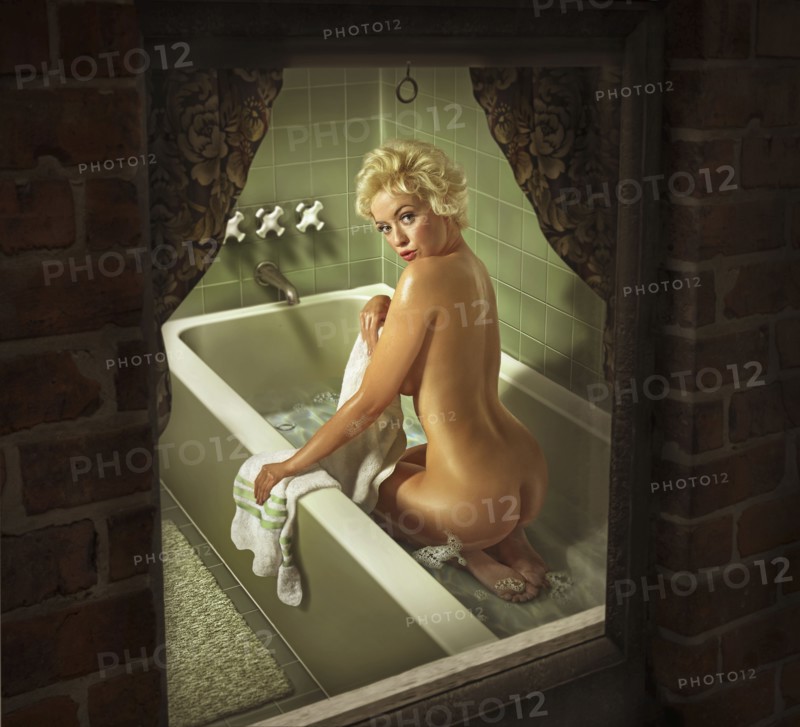 Illustration of Caucasian woman washing in bathtub