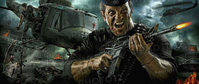 Illustration of Caucasian soldier shooting machine gun in battle