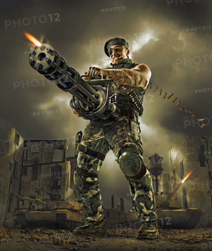 Illustration of soldier firing machine gun outdoors