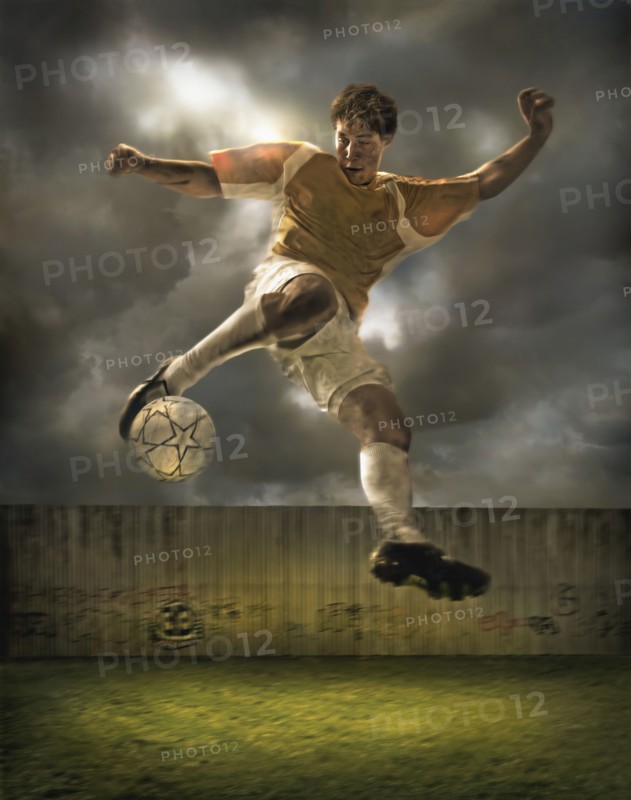 Illustration of soccer player kicking ball in field