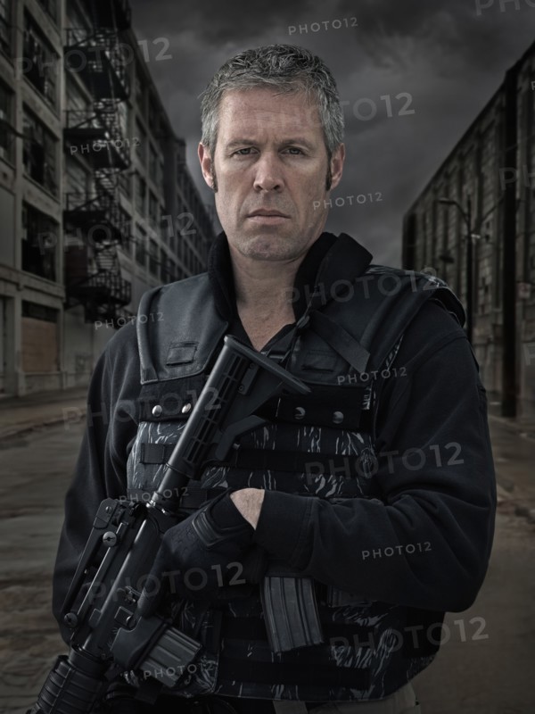Caucasian policeman on city street