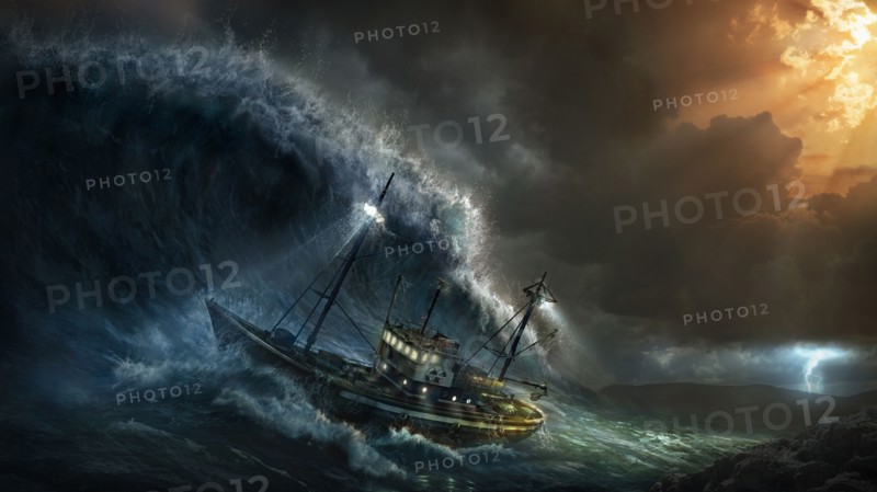 Ship rolling in stormy sea