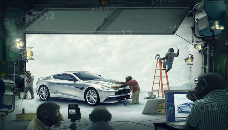 Monkeys doing photo shoot with sports car