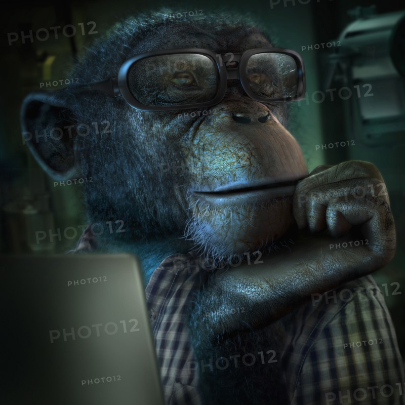 Monkey in eyeglasses resting chin in hand