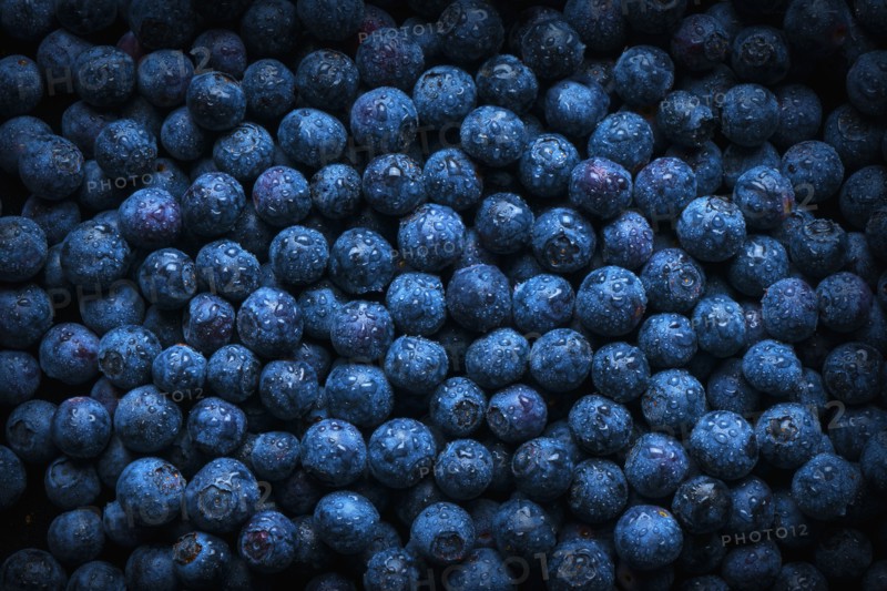 Pile of fresh wet blueberries