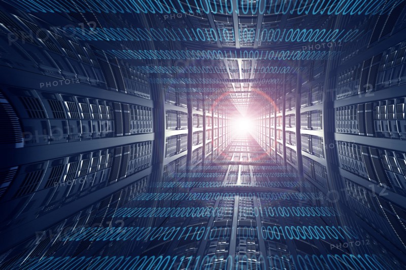 Light shining from bending binary code and computer servers