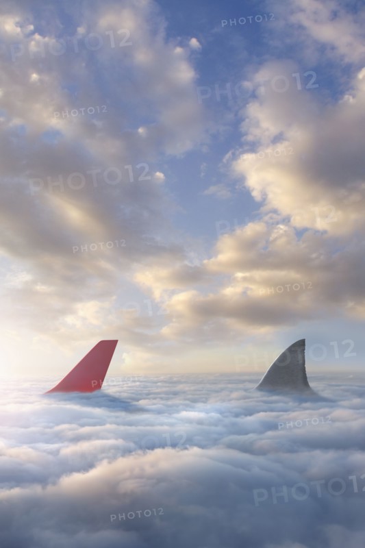Shark fin chasing airplane rudder above clouds