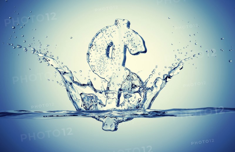 Water droplets splashing from sinking ice dollar symbol