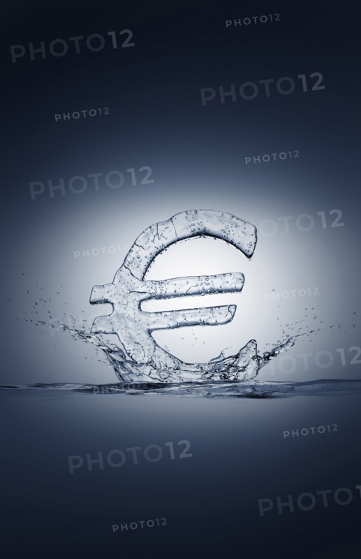 Water droplets splashing from ice euro symbol