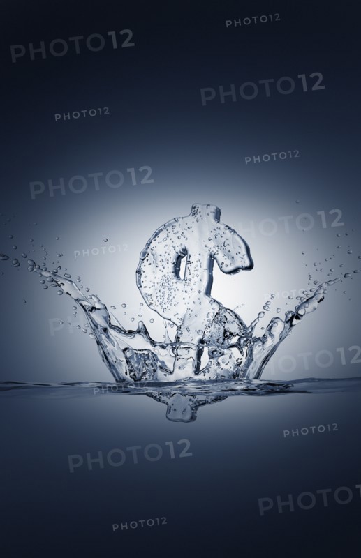 Water droplets splashing from sinking ice dollar symbol