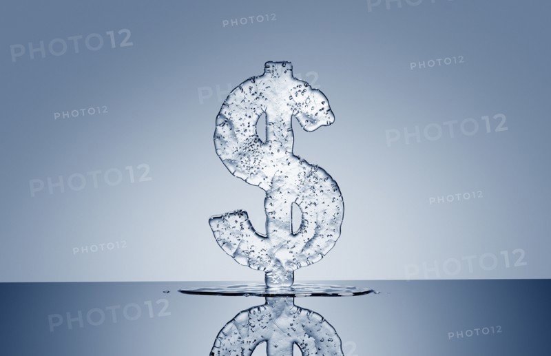 Puddle under melting ice dollar symbol