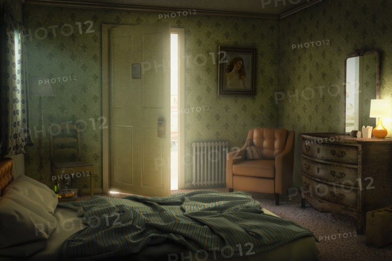 Sunshine through open door of motel room