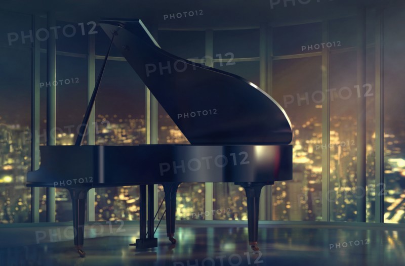 Grand piano near window with scenic view of city