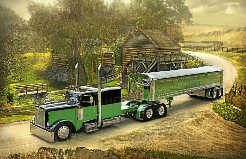 Semi-truck driving on rural road